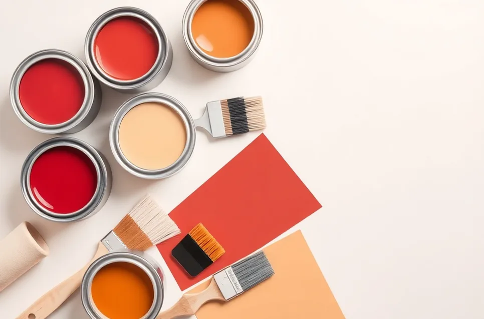 Pots de peinture, nuancier, brosses et rouleaux disposés à plat