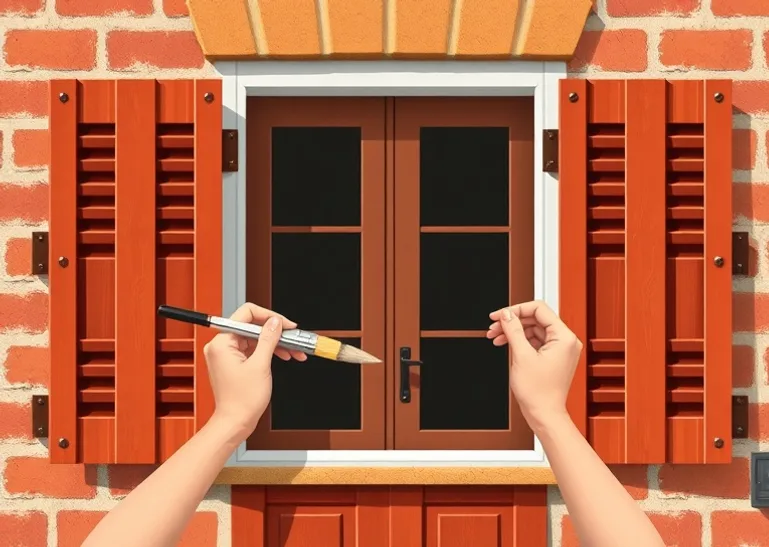 Mise en peinture au pinceau de volets et d'encadrements en bois
