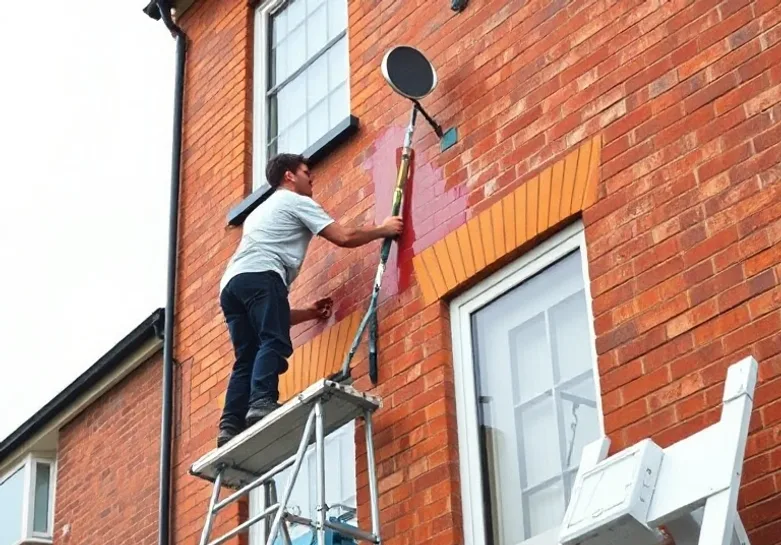 Peintre sur échafaudage traitant la façade d'une maison