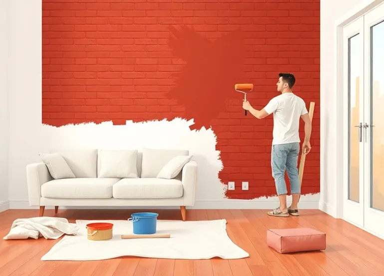 Peintre appliquant la peinture au rouleau sur un mur de salon